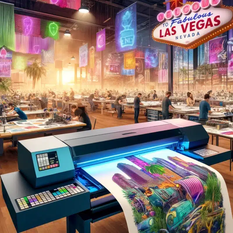Professionals engaging in DTF transfers at a dynamic print shop in Las Vegas, showcasing the high-quality and versatility of the technique.