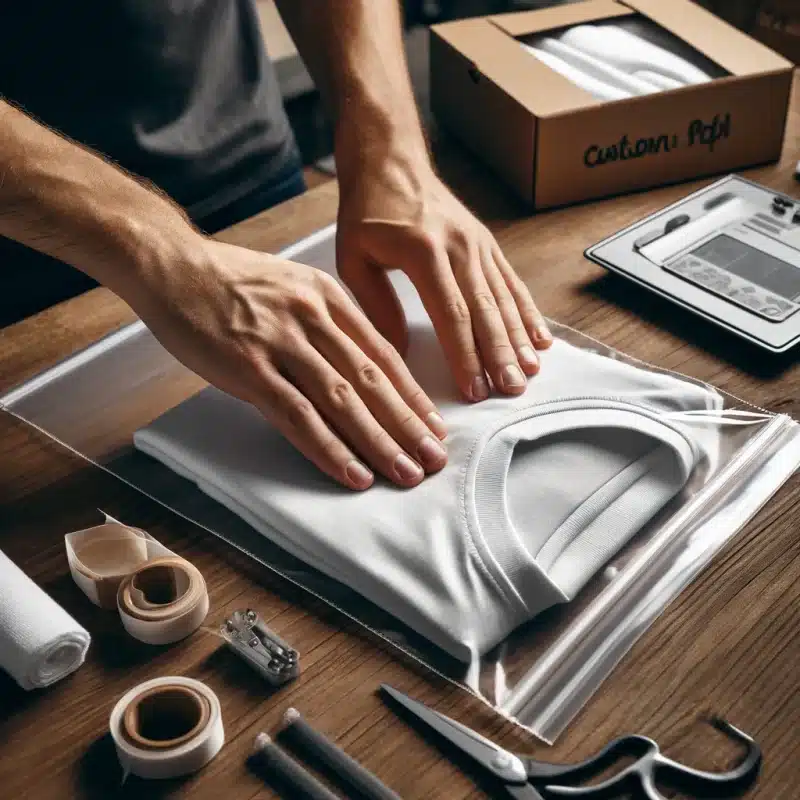 Folding and polybagging setup with a custom t-shirt being carefully folded, ready for polybagging, highlighting the attention to detail in product presentation.