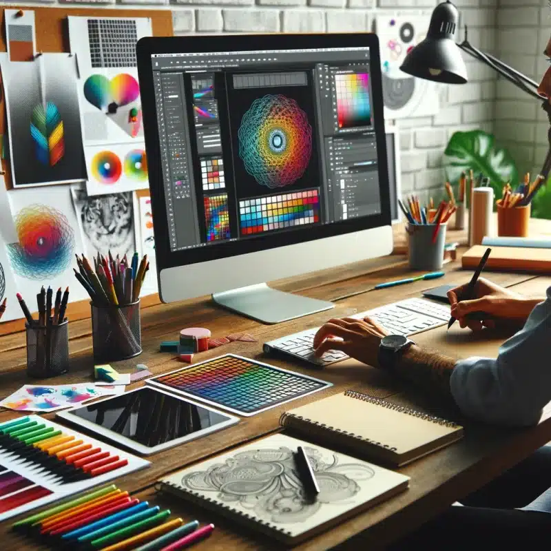 Graphic designer's professional workspace with advanced graphic design software on computers, colorful sketchpads, and mood boards, showcasing a high level of creativity and attention to detail typical of top-tier graphic design services for business.