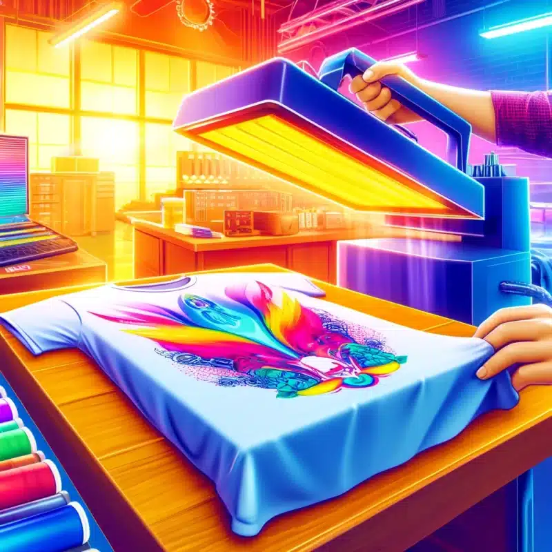 Technician applying a graphic to a t-shirt using heat transfer printing in a professional workshop.